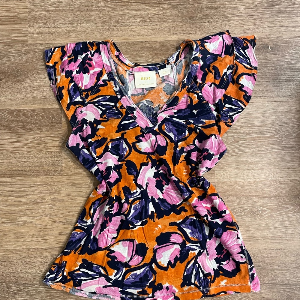 Maeve by Anthropologie Catie Floral Ruffle-Sleeve Tee/Blouse Top XS